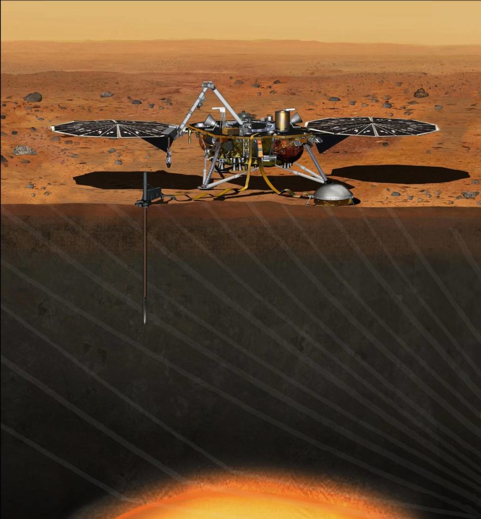 Vue d'artiste de la sonde InSight et de son sismomètre SEIS © Nasa
